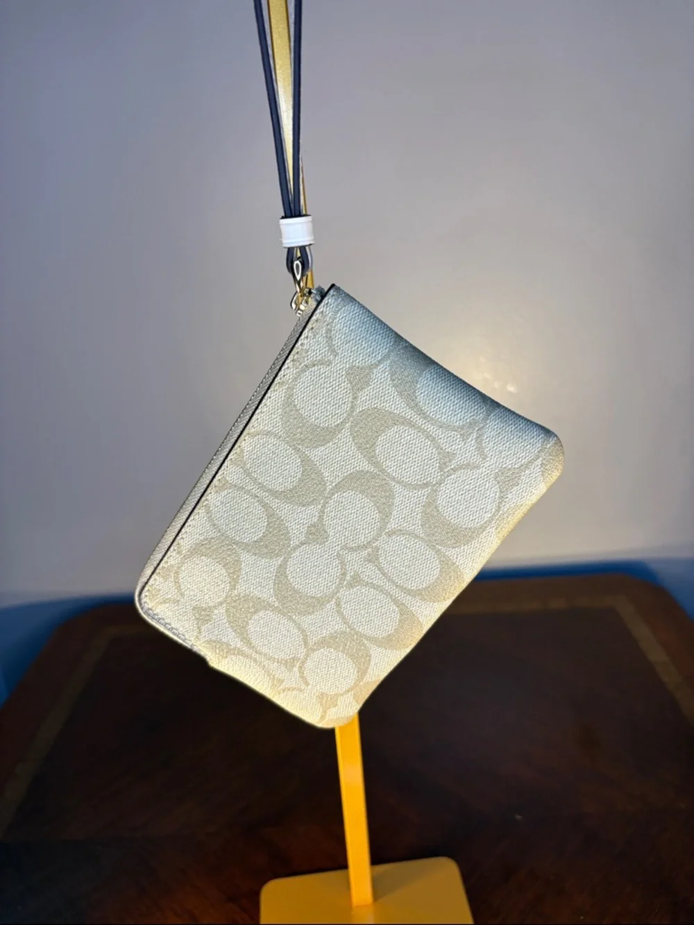 Coach Beige & White Signature Wristlet with Gold Logo